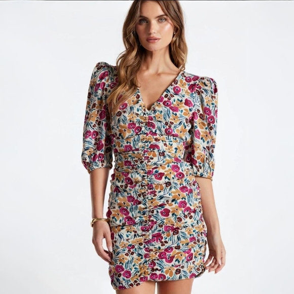 bishop + young Dresses & Skirts - Nwt Bishop + Young Carly Ruched Floral Mini Dress S Puff Sleeve Bodycon